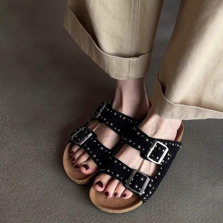 Soft Leather Version! Retro Platform Slippers Women's Outer Wear Fashion Rivets One-word Belt Buckle Boken Shoes Fashion Cool Slippers