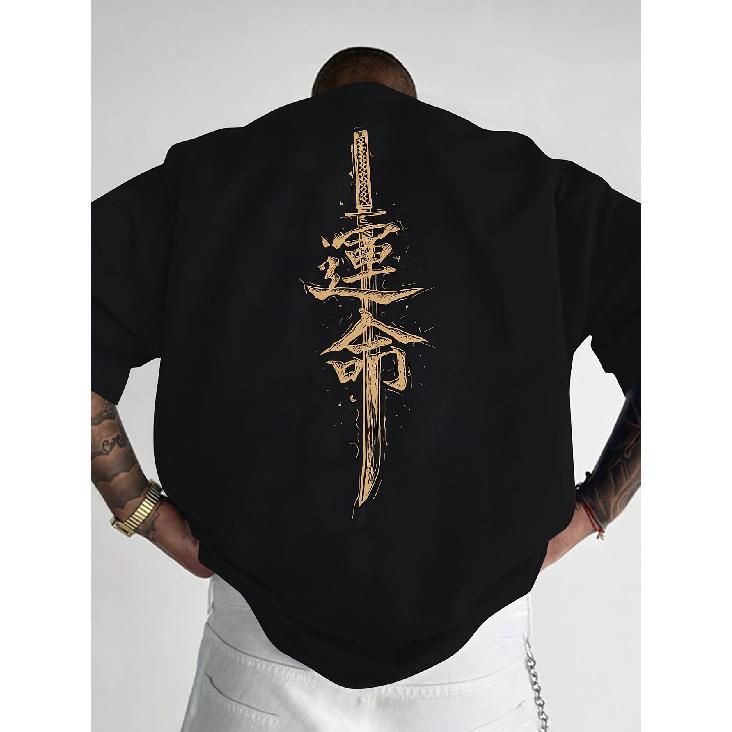 Men S Casual Short-Sleeved T-Shirt - Samurai Sword Heat Transfer Pattern, Breathable Knit Fabric, Regular Fit Crew Neck Design, Suitable for Summer S чёрный