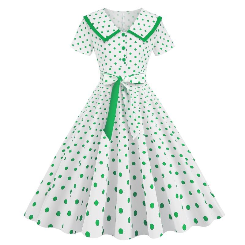 Retro Women's Summer Lapel Short Sleeve Belt Waist Slim Swing Polka Dot Printed Dress