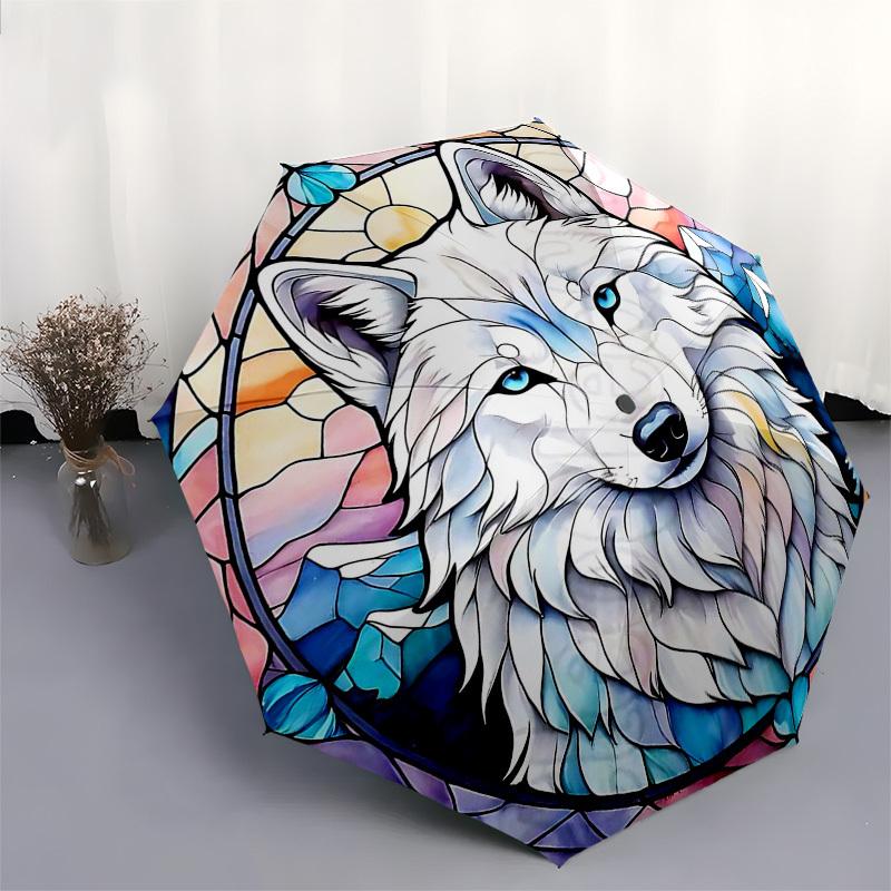 1 Stück Buntglas Wolf Design Automatischer Faltregenschirm - Tragbares 3-fach faltbares Design mit 8-Speichen-Eisenrahmen, für Outdoor, Fans, Reisende, täglichen Gebrauch, Geschenk