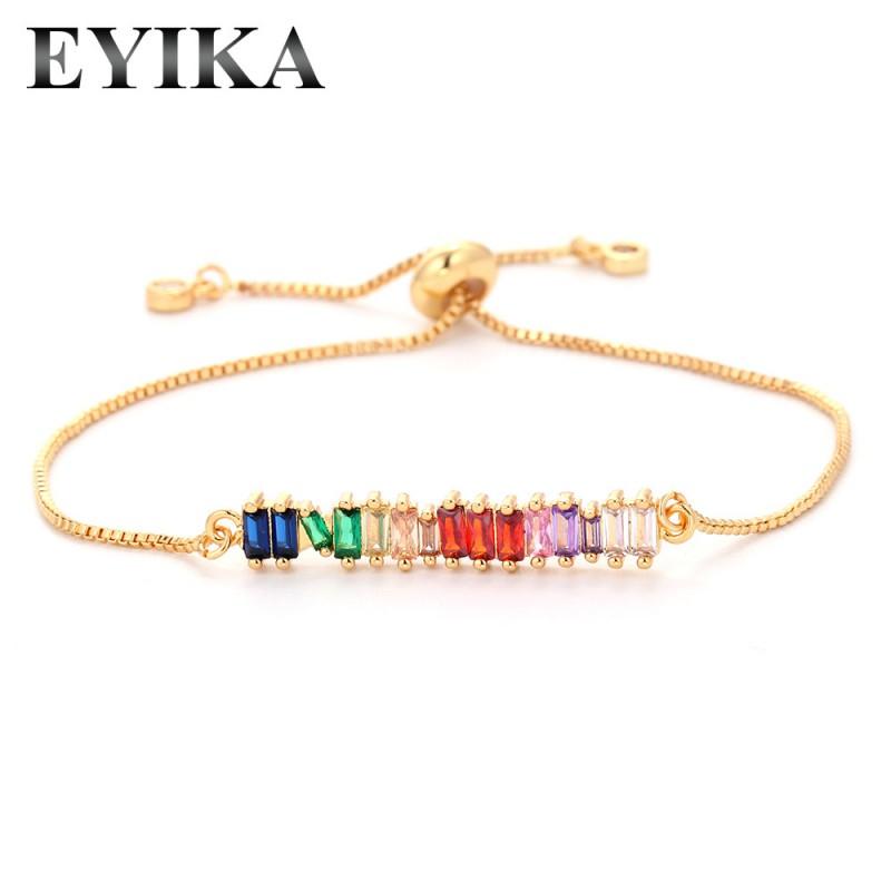 Adjustable Pull-String Zircon Bracelet Women 18K Gold Plated Copper With Multicolor Cubic Zirconia Geometric Design