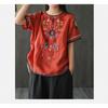 Ethnic Style Cotton and Linen Embroidered T-shirt for Women Summer Retro Loose Versatile Short-sleeved Top