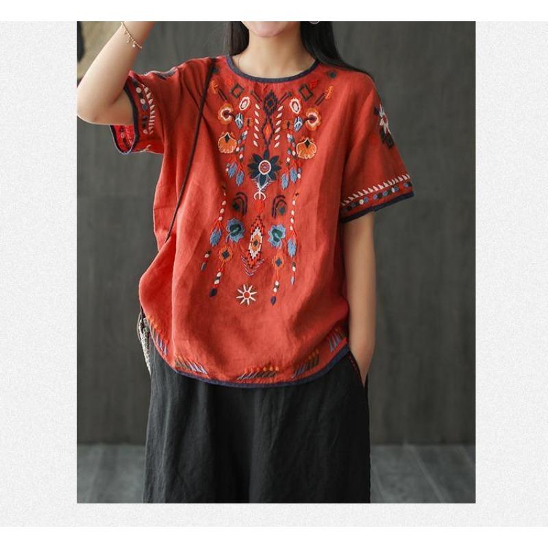 Ethnic Style Cotton and Linen Embroidered T-shirt for Women Summer Retro Loose Versatile Short-sleeved Top