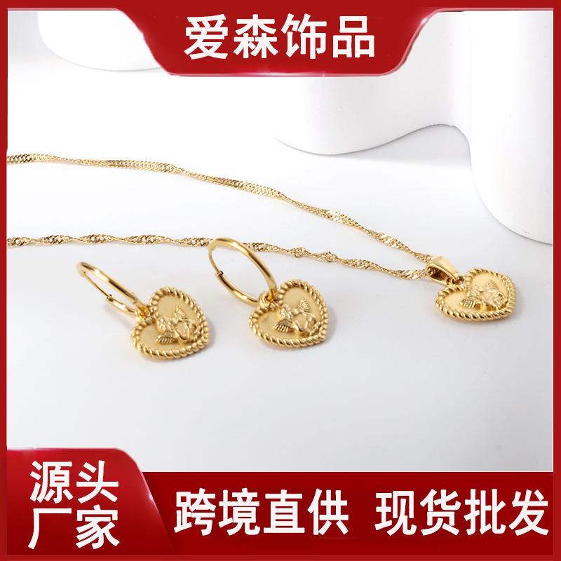 Angel Heart Design Gold Earrings And Necklace Jewelry Set Unique Small Aesthetic Accessories