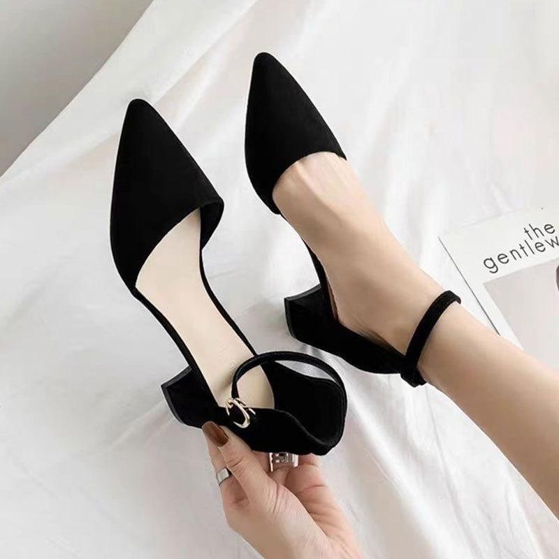 Baotou sandals fairy style 2025 spring new professional pointed high heels one word with thick heel medium heel single shoes