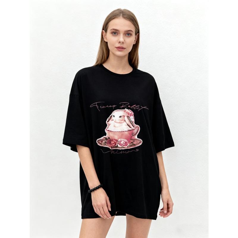 

Oversized T Shirt Black Tea Cup Bunny Ballet Print Women Casual Loose Fit Summer Top Fashion Streetwear Graphic Tee XXXXL