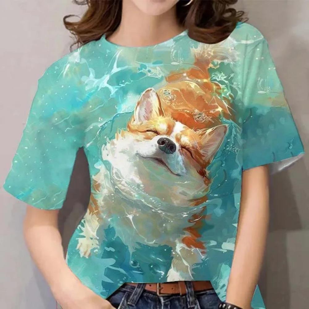Large Size 3d Printed T-shirt Cute Animal Round Neck Short-sleeved Funny Cat and Dog Pattern Summer Women's Top
