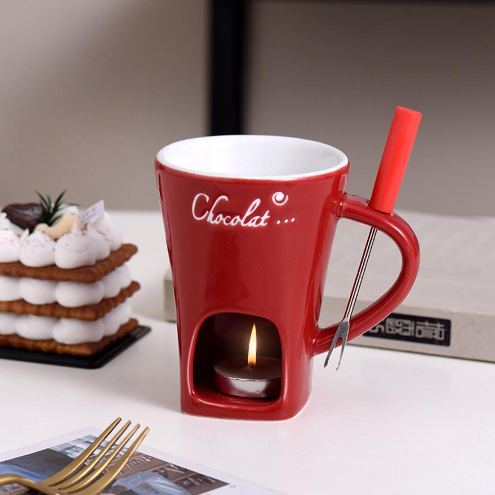 Candle Cup Ceramic Chocolate Cup with Fork Chocolate Fondue Mug Personal Fondue Mugs for Date Night Birthday & Wedding Gifts