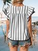 Women's Vertical Striped Blouse V Neck Ruffle Sleeve Pleated Trim Summer Top