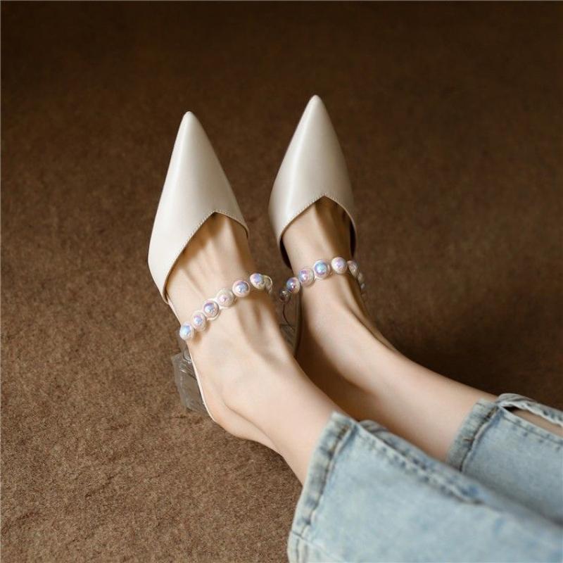 Women's Slippers and Ladies Sandals Mules Slides with Heel Shoes Crystals Rhenstone Summer 2024 Jewels Off White Pointed Toe Vip
