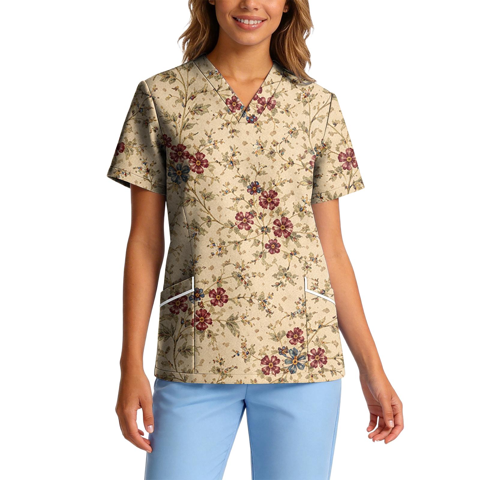 

Women s Stretch Quick-Dry V-Neck Short Sleeve Workwear Top with Botanical Floral Print & Pockets XL хаки