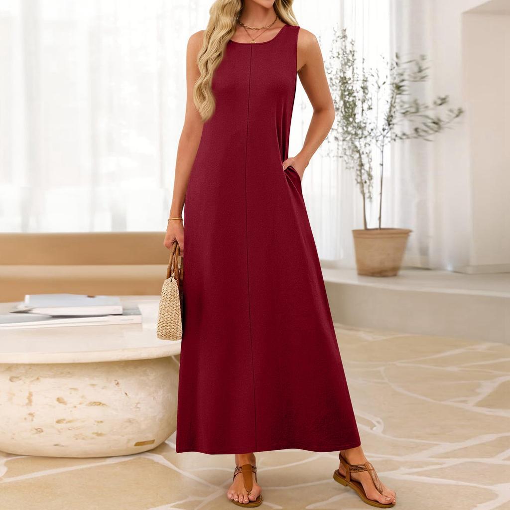 Damen Ärmelloses Lässiges Lockeres Langes Maxikleid Rundhalsausschnitt Basic Stil Strandurlaub Sommerkleid mit Dehnbarem Stoff