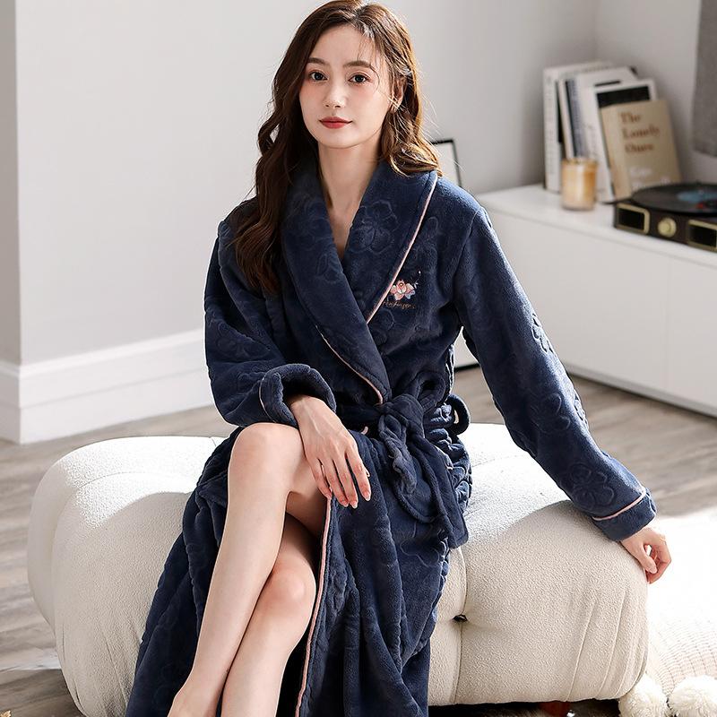 Vintermorgonrock Korallfleece Nattlinne Dam Varm Sovkläder Förtjockad Lång Badrock Flanell Lös Ledig Hemkläder Nattkläder