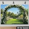 Romantic Garden Arch Backdrop, Elegant Sunny Park Scene with White Roses and Lush Greenery, Timeless and Fresh Wedding Wall Art