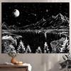 Black White Mountain Waterfall Tapestry Wall Hanging Full Moon Stars Line Art Nature Aesthetic Wall Art Decor