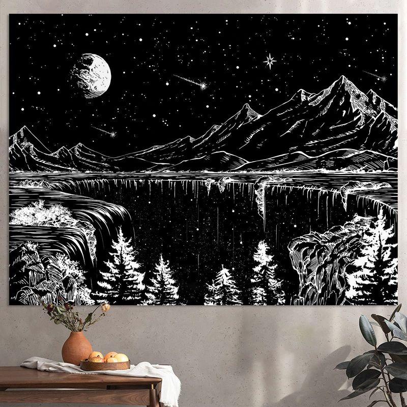 Black White Mountain Waterfall Tapestry Wall Hanging Full Moon Stars Line Art Nature Aesthetic Wall Art Decor
