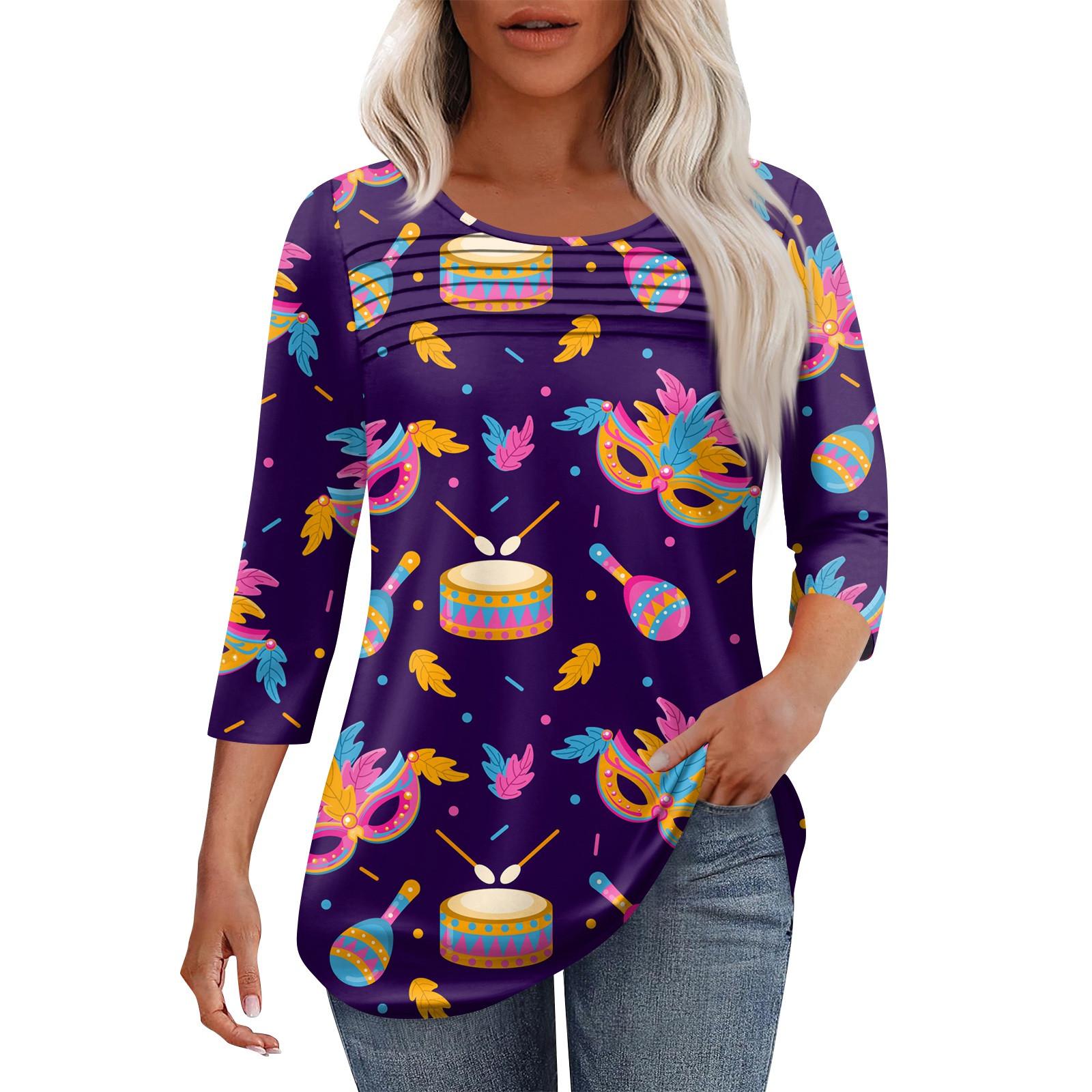 

Женская мода круглый вырез шея плиссированная передняя планка с принтом рукав 3/4 топ S