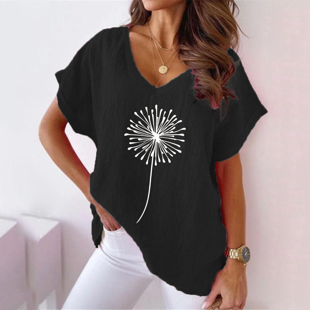 

Літо 2023 р. Жіноча футболка великих розмірів з рослинним принтом і V-подібним вирізом, бавовна, повсякденна миша, з короткими рукавами 5XL чорний