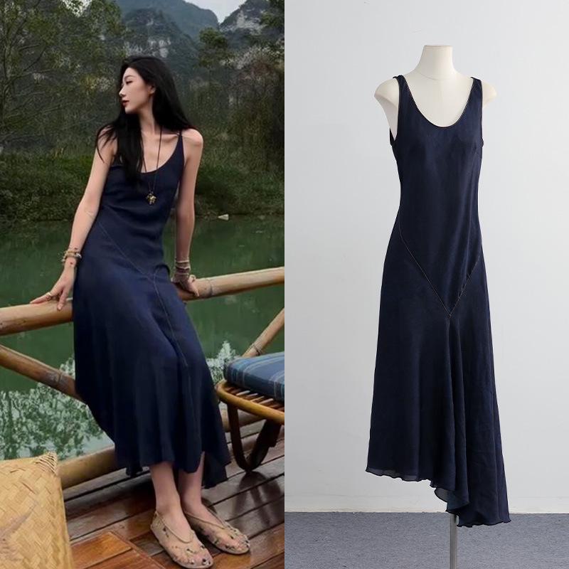 

Nana Style Navy Blue Irregular Knee-Length Slim Fit Summer Dress for Women S (90-105 lbs)