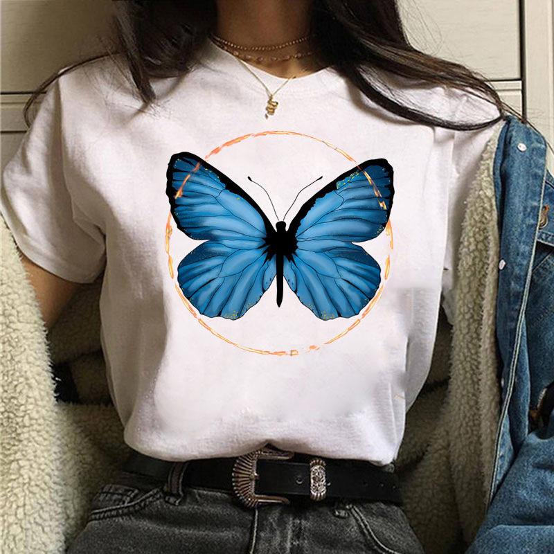 Short Sleeve Summer Fashion Women's Clothing Beautiful Watercolor Butterfly Printing White Ladies Casual Loose Personality TT-shirt