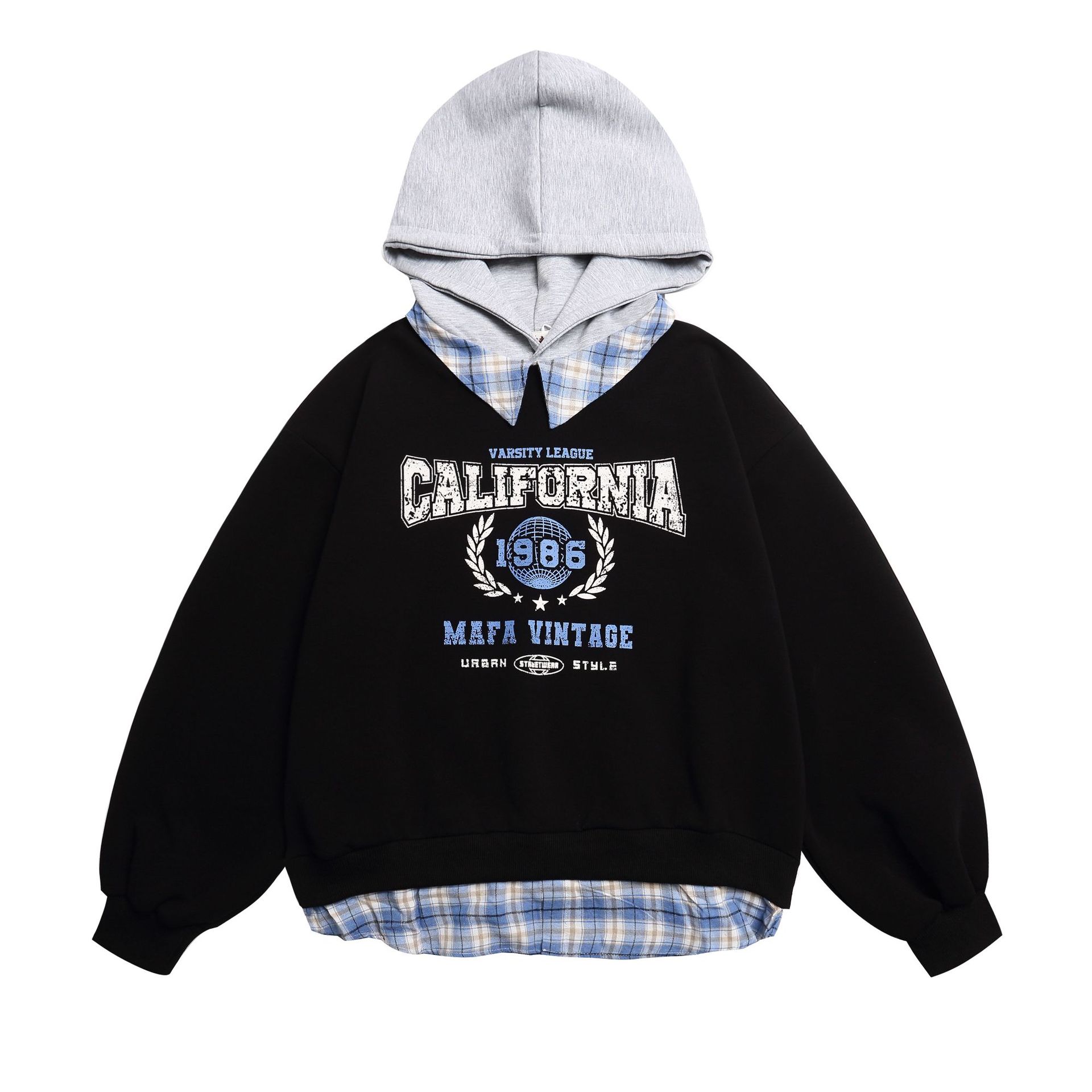 Men s American retro campus trendy hoodie couple fake two-piece hooded sweater M темно-синий