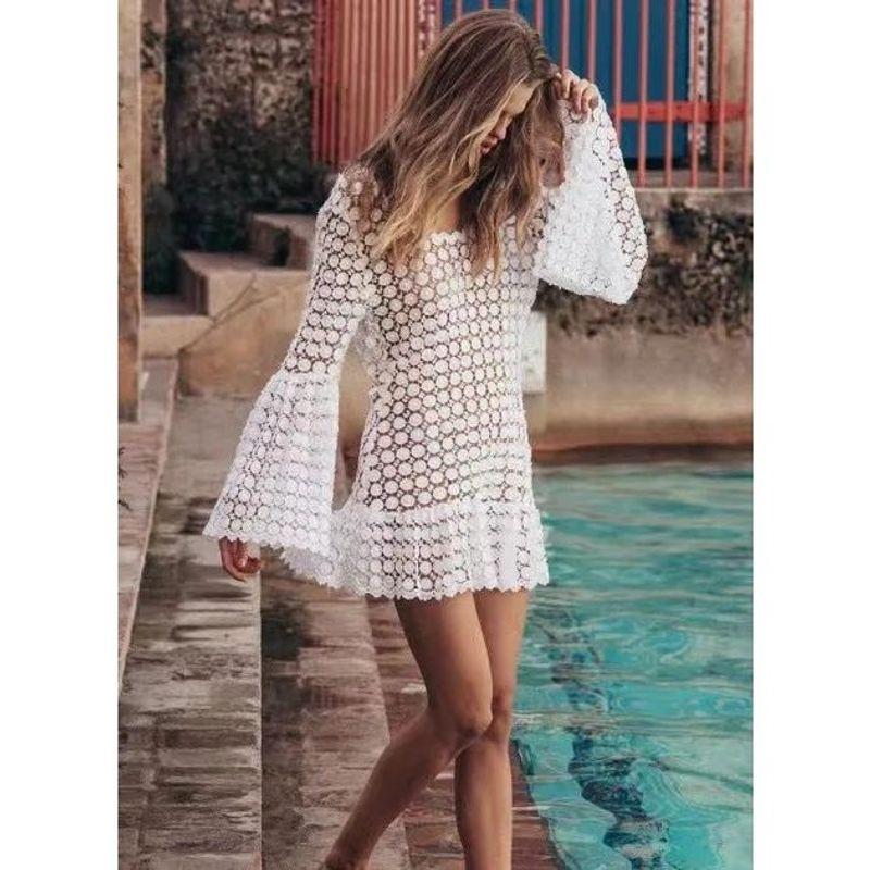 

Horn Sleeve See through Solid Color Dress Flare Sleeve Solid Dress White XL