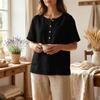Women Short Sleeve Henley Neck Button Front Linen Cotton Shirt with Chest Pocket Loose Fit Casual Blouse Top for Summer