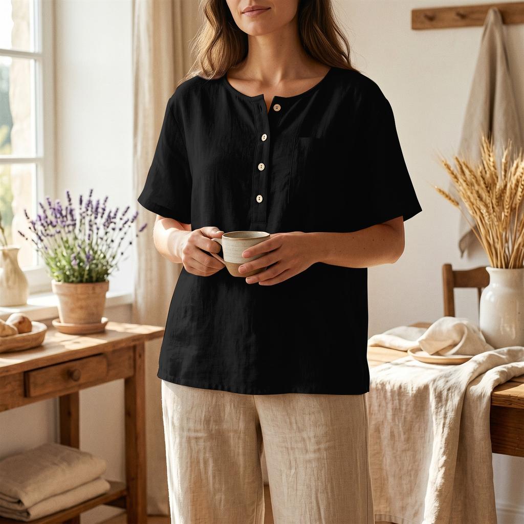 Women Short Sleeve Henley Neck Button Front Linen Cotton Shirt with Chest Pocket Loose Fit Casual Blouse Top for Summer