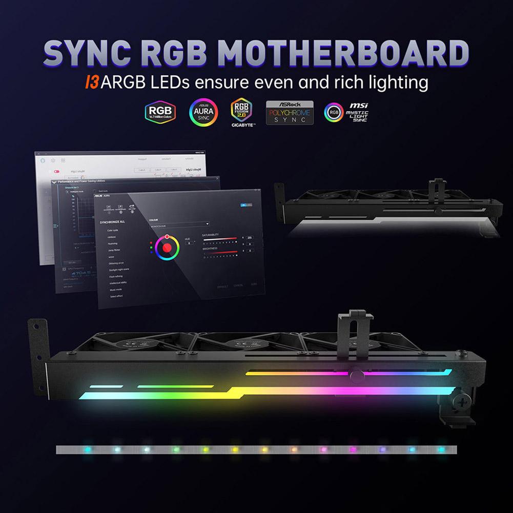 2-in-1 RGB LED Grafikkartenhalter 1800 U/min 5V 3-Pin ARGB Grafikkarten-Kühl Lüfter mit 3x 80mm Lüftern PCI Montagehalterung