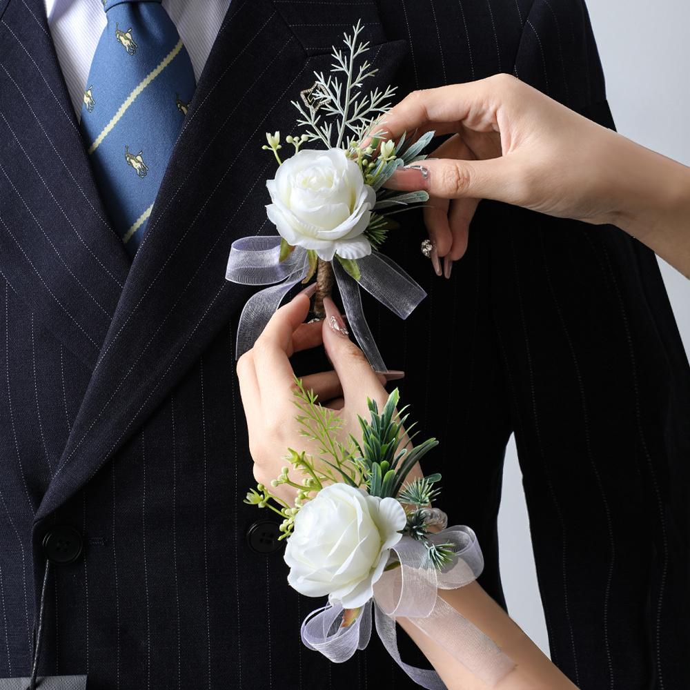 Wedding Chest Flower, Groom Bride Wedding Bridesmaid Wrist Flower, Wedding Accessory, Rose Ribbon Simulation Flower, Wreaths