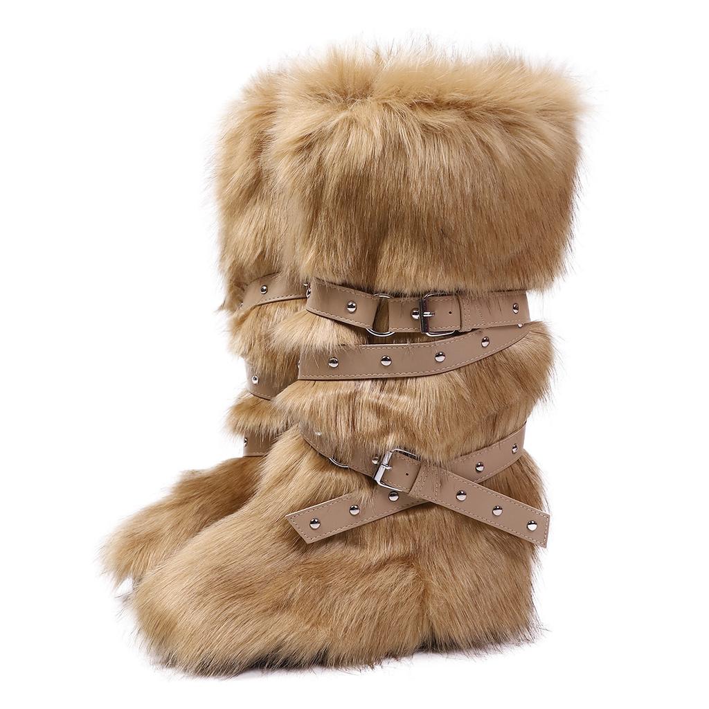 Faux Fur Snow Boot for Women Winter Warm Fluffy Long Furry Long Boots Women's Outdoor Fuzzy Knee-High Boots Plush Warm Snow Shoes for Outdoor Indoor