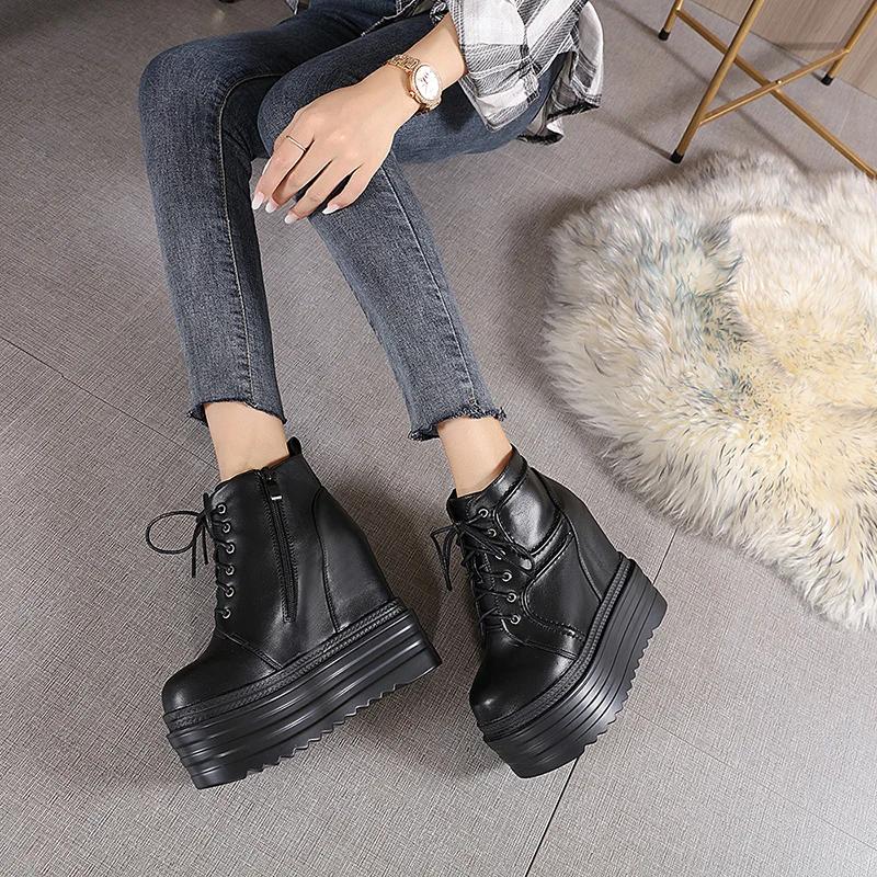 Fashion 14CM Spring Platform Shoes Autumn Harajuku Gothic Punk Black Shoes High Sole Lolita Wedges Pumps Women Lace Up Soft Leather