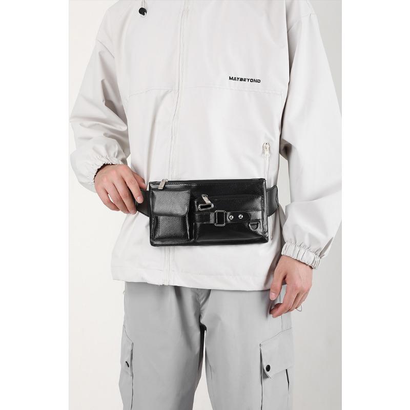 Men's PU Leather Waist Bag Simple Outdoor Casual Black Waist Pouch Men's Business Travel Waist Chest Bag