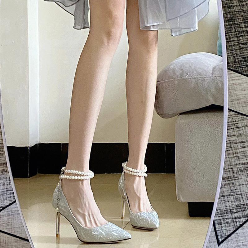 2025 new pointed stiletto high heels women's black suede one-word buckle sandals pearl high heels women's shoes