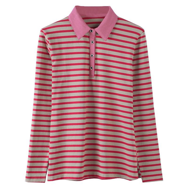 New Style Lapel Striped Long-sleeved T-shirt For Women In Autumn Korean Version 95 Cotton Button Temperament Korean Version Slimming Top
