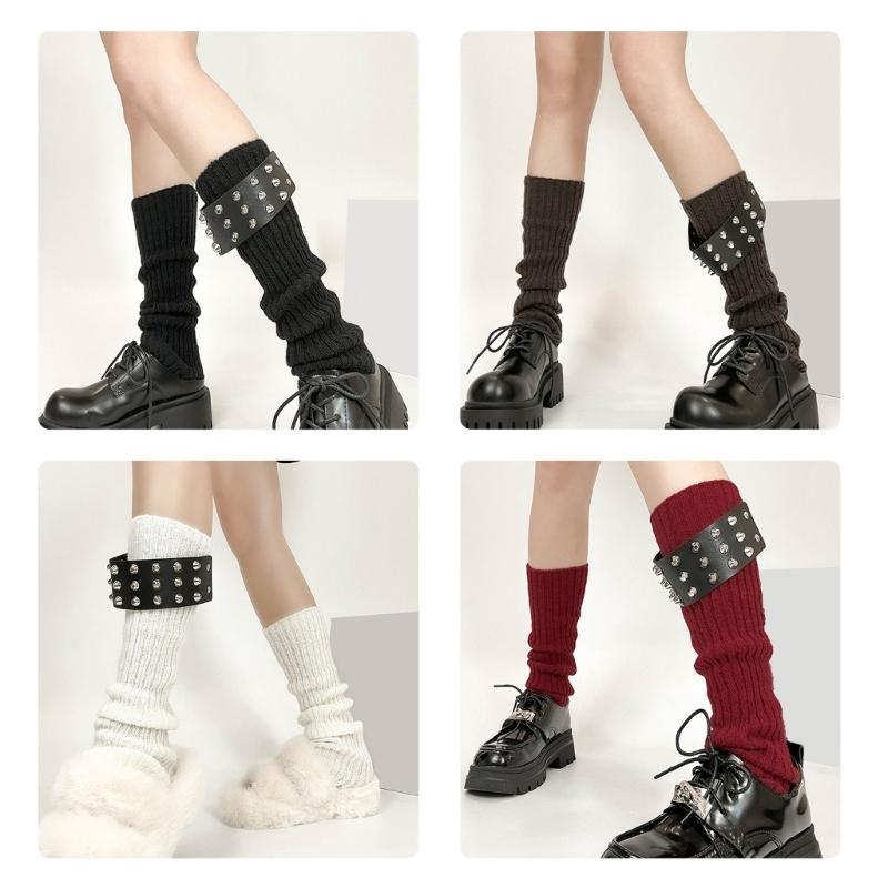 Gothic Punk Ribbed Knit Leg Warmer Sleeve with Metal Rivets Leather Belt Motorcycle Boot Covers Footless Socks for Women