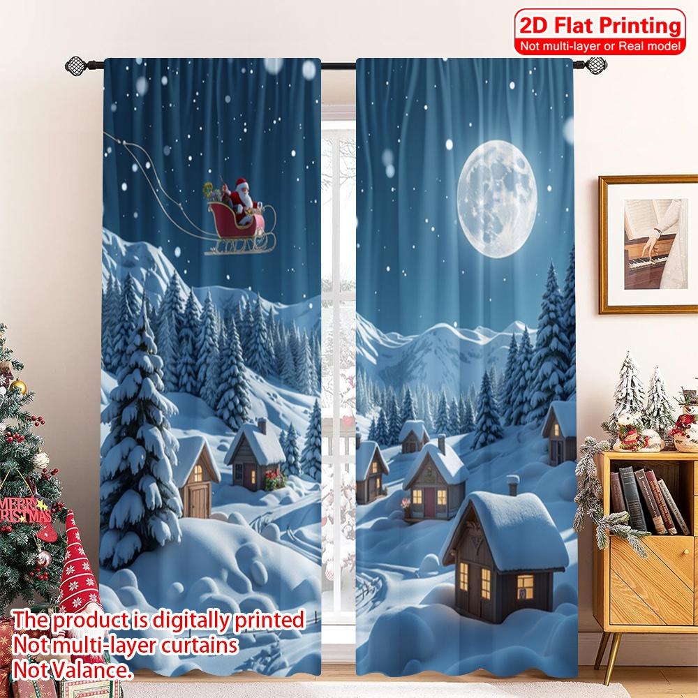 2pcs 2D flat printing Merry Christmas Popular Curtains Santa Sleigh Village Snow 100% Polyester Without Electricity Party