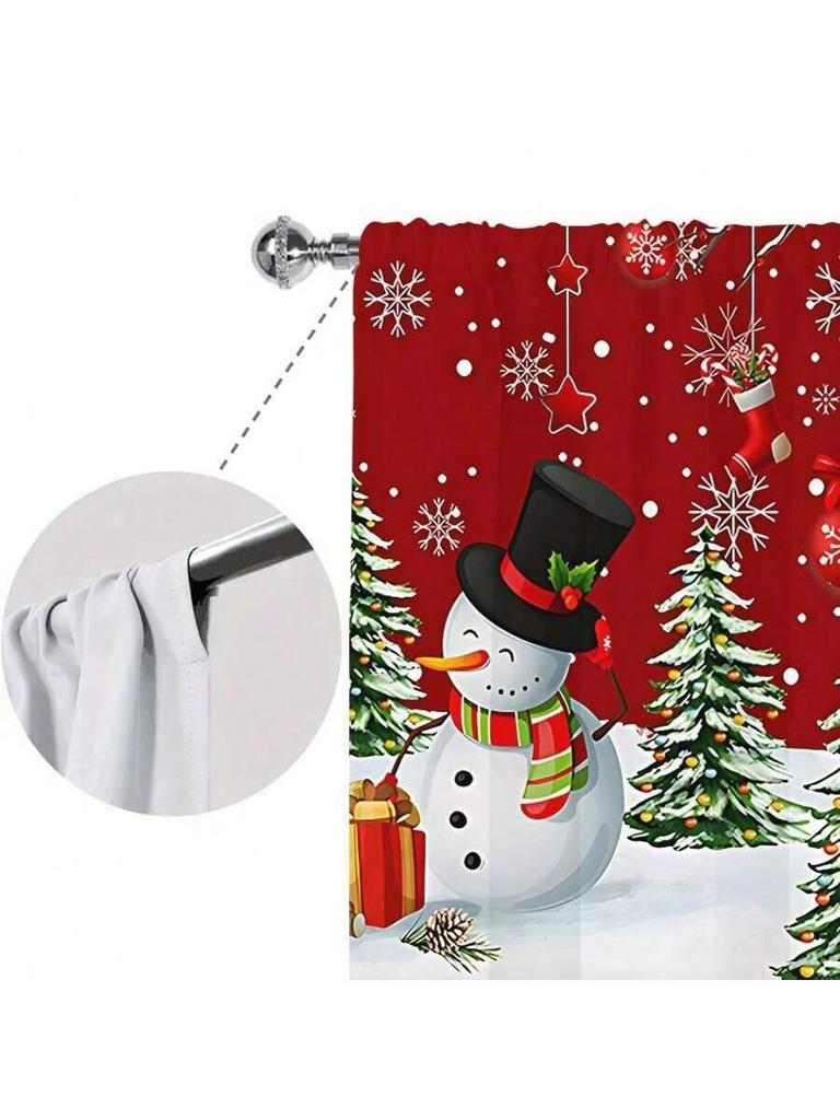 2pcs Christmas snowman pine tree curtains   pole pocket design   protect privacy   suitable for decorating various scenes
