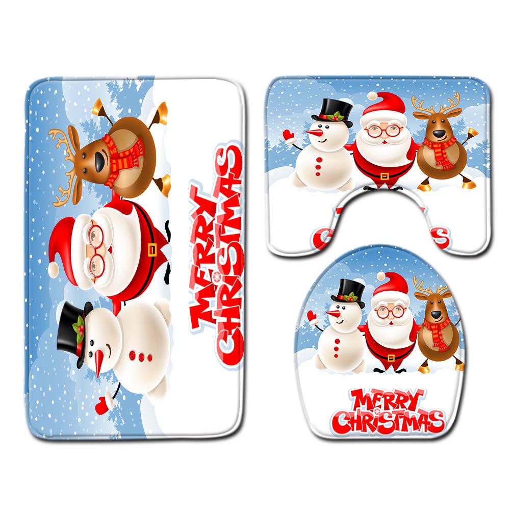 Christmas Home Shower Curtain Waterproof Polyester Cloth Toilet Floor Mat Four-Piece Set Entrance Door Mat Bedroom Living Room Carpet