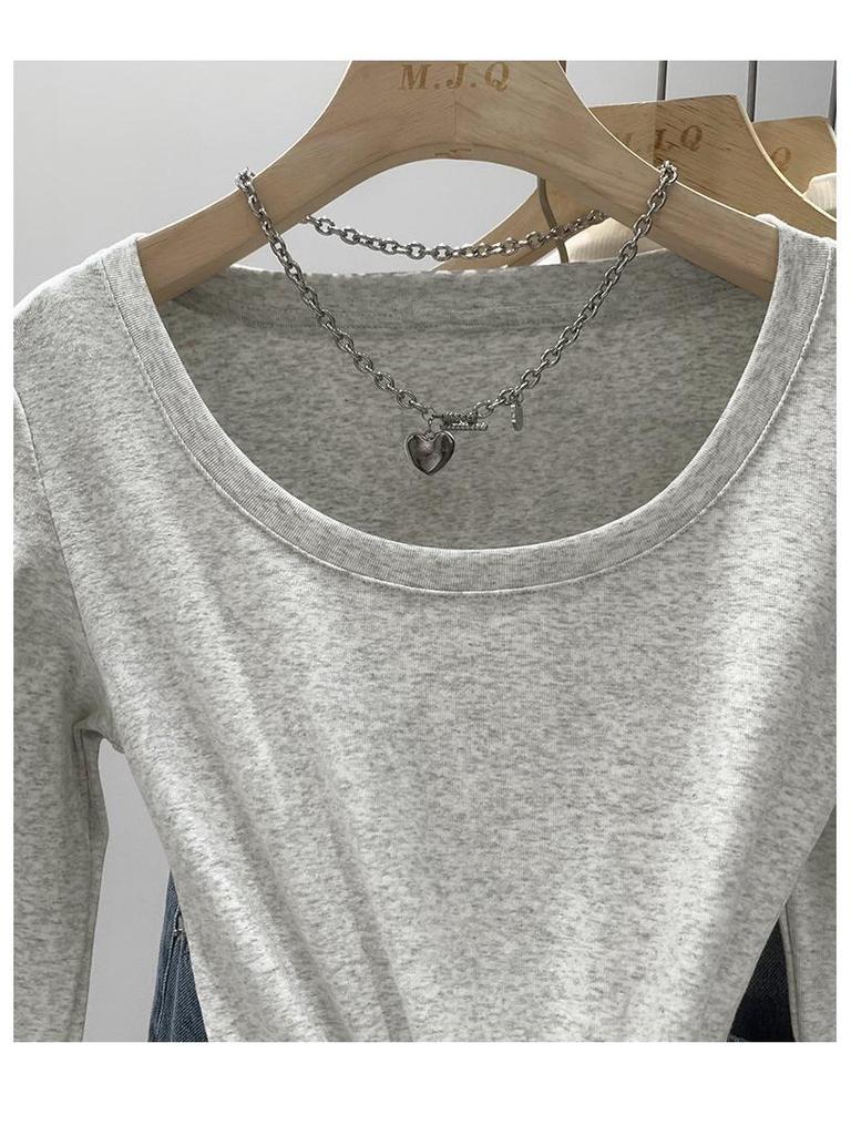 Women's Slim-Fit Long-Sleeve Gray U-Neck Cotton Top - New Autumn Solid Color Base Layer