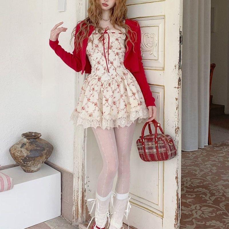 Sweet Floral Dress Set Woman Casual Red Short Cardigan Elegant Lace Mini Dress Female Korean Prairie Chic Clothing Suit