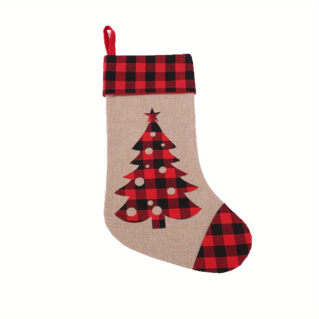 1 buc Ciorap de Crăciun roșu și negru în carouri, In imitație de in, Aplicație, Broderie, Cadou de Crăciun