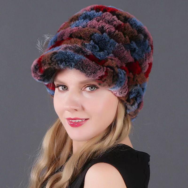 Rex Rabbit Fur Hat Genuine Fur Ear Protection Thick Warm Fashionable Fox Fur Flower Duckbill Cap New All-match Autumn and Winter Women's Hat