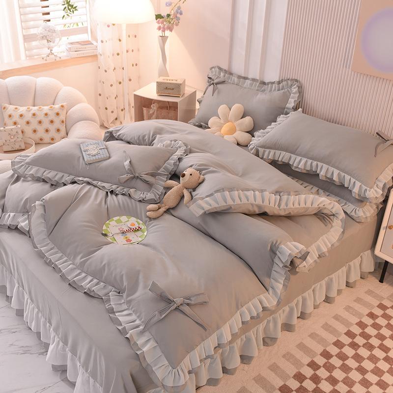 Koreanischer Prinzessinnenstil Vierteiliges Set Verdickter gebürsteter Bettbezug Rutschfester Schutz Tagesdecke Rüschenvolant-Stil
