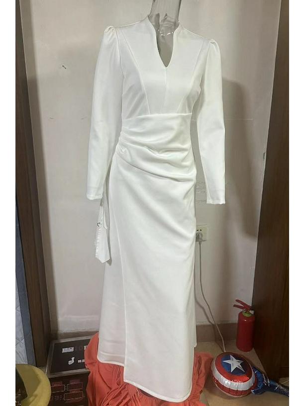 2024 Весна Європейська та Американська Однотонна Приталена Сукня з Рюшами та Довгим Рукавом з Високою Талією