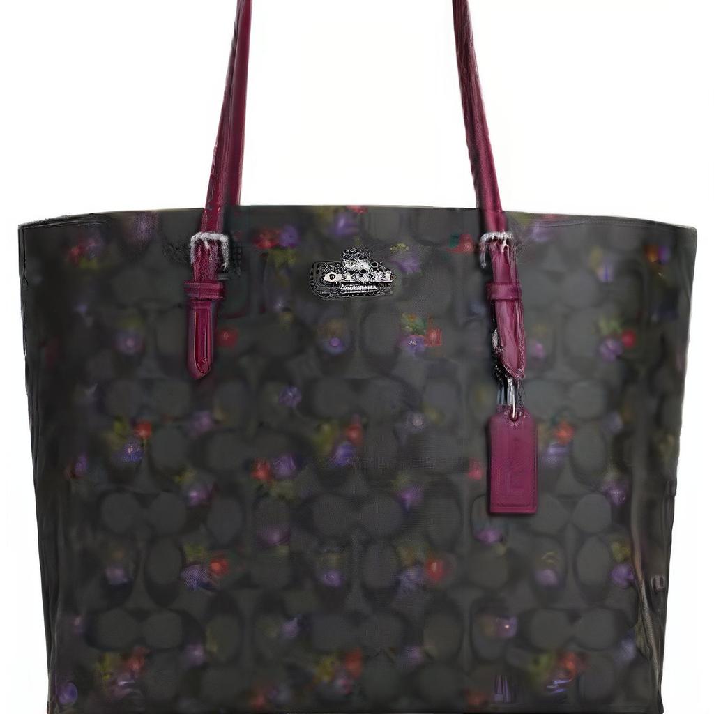 Coach Mollie Printed Zipper Closure Coated Canvas Tote Bag Women Tote Bags Graphite Deep-Berry CM073-SVW6M