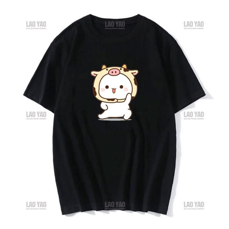 Słodka brzoskwiniowa kotka z kreskówkową parą nadrukowaną koszulką unisex szara wysłana kwiaty do brzoskwiniowej koszulki nowy styl miłośnicy ubrań casualowa koszulka