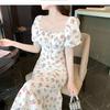Internet celebrity gentle Mori vacation style dress summer year square neck bubble sleeve floral thin medium and long skirt