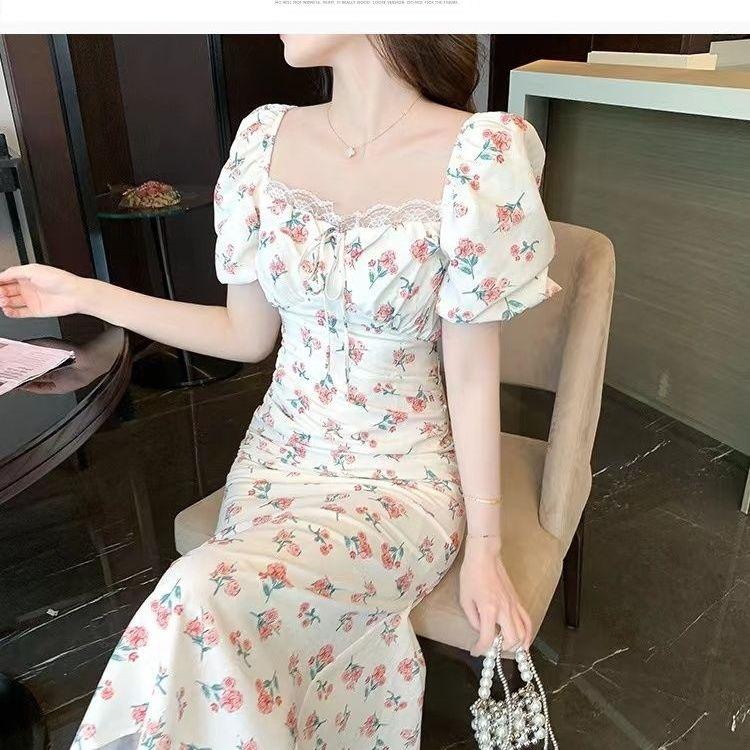 Internet celebrity gentle Mori vacation style dress summer year square neck bubble sleeve floral thin medium and long skirt