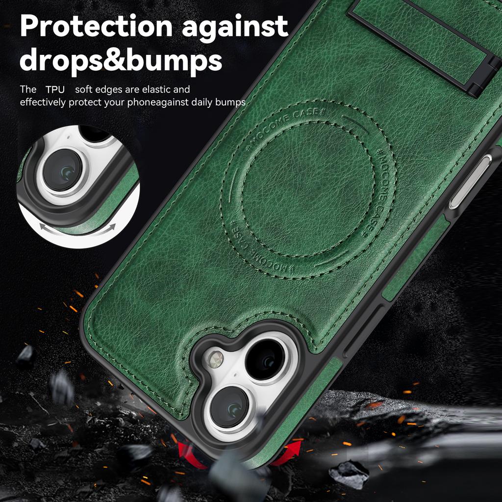 For iPhone 16 Case Compatible with MagSafe with Folded Kickstand PC Silicone Leather Phone Back Cover